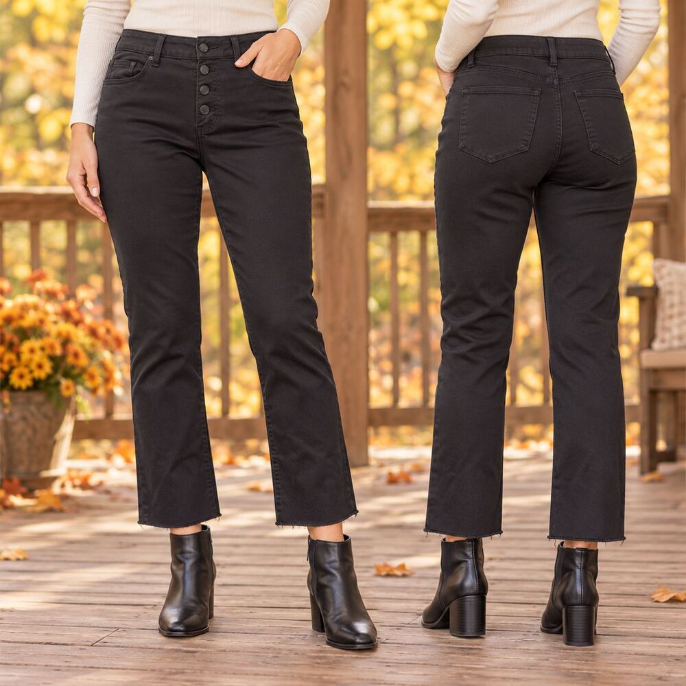 Tahari black button fly cropped raw hem stretch jeans women’s 8/29